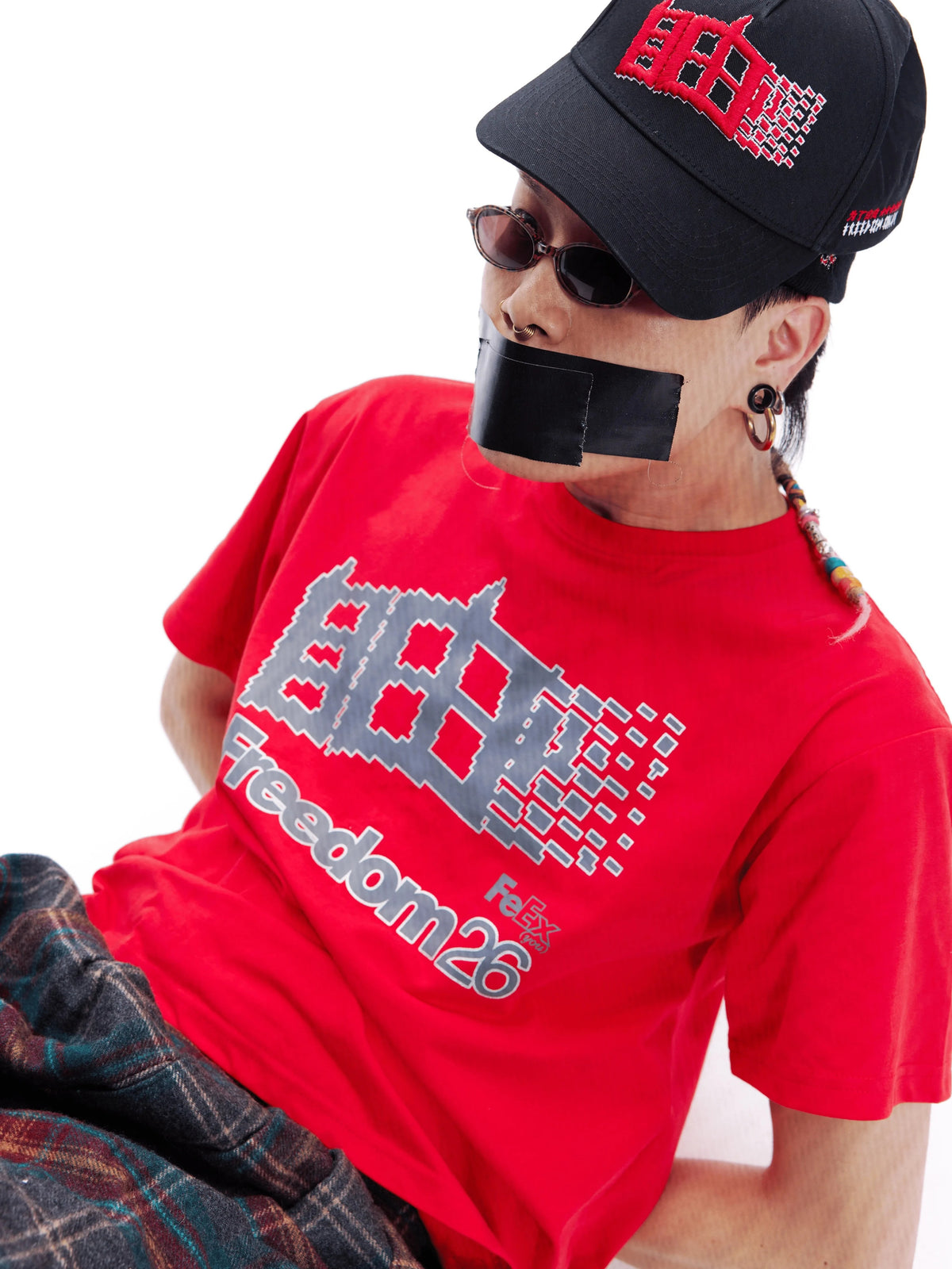 Pixel Window Freedom26 Graphic Short Sleeve Tee - Red on model