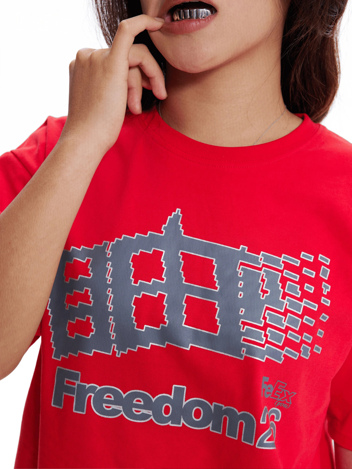 Pixel Window Freedom26 Graphic Short Sleeve Tee - Red print close-up