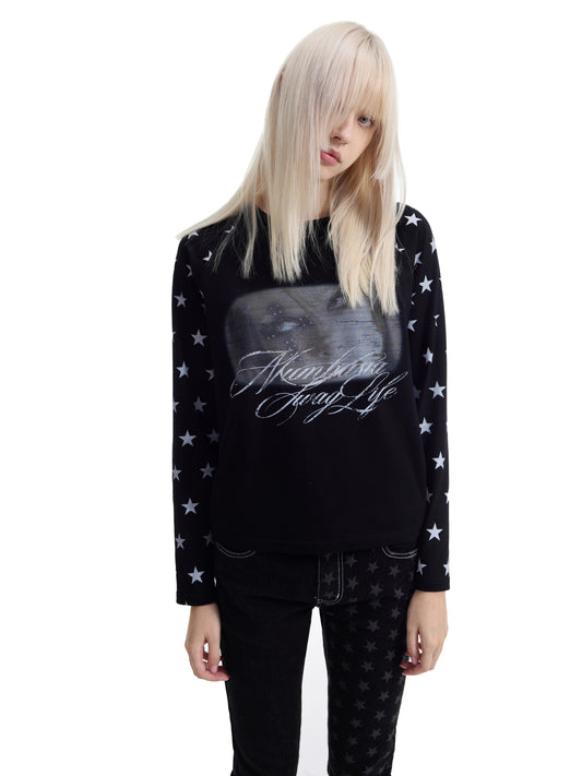 Star Raglan Portrait Script Print Long Sleeve Tee - Black model front