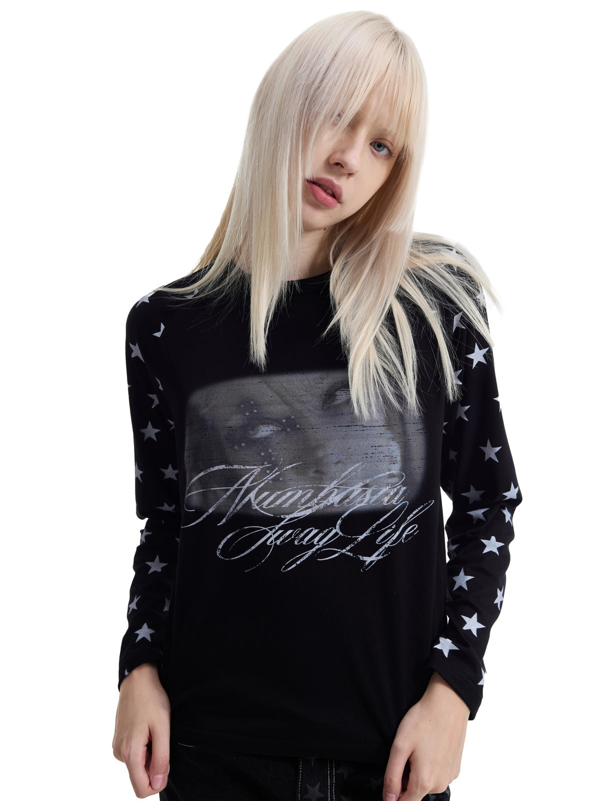 Star Raglan Portrait Script Print Long Sleeve Tee - Black model front