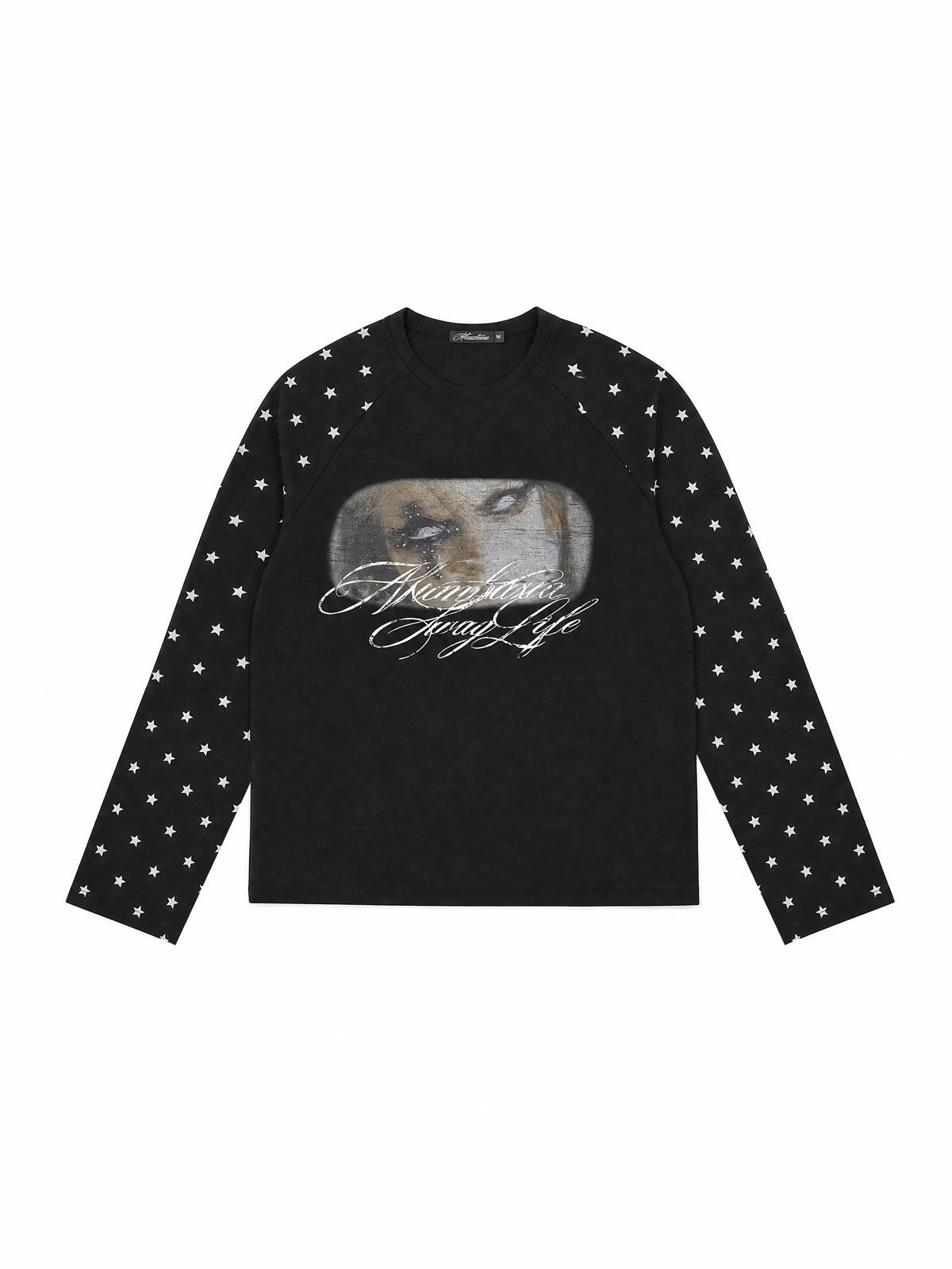 Star Raglan Portrait Script Print Long Sleeve Tee - Black flat lay front