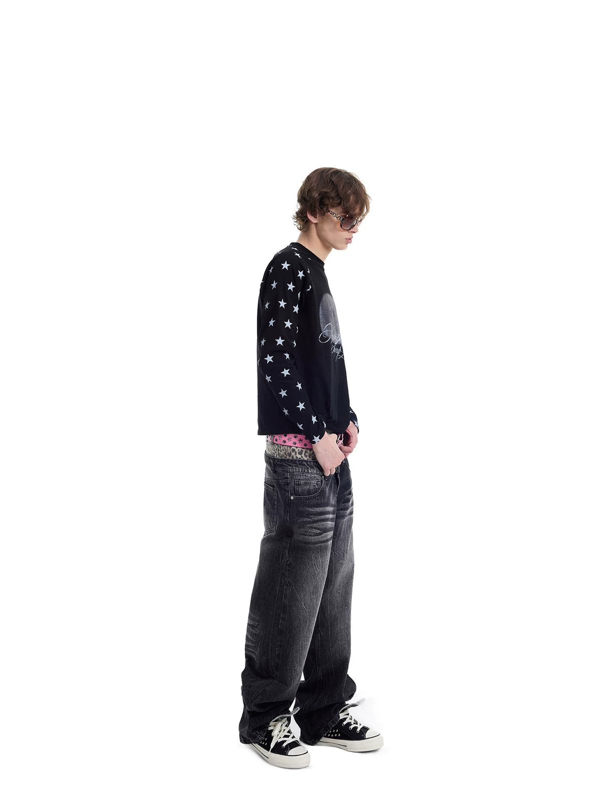 Star Raglan Portrait Script Print Long Sleeve Tee - Black side view