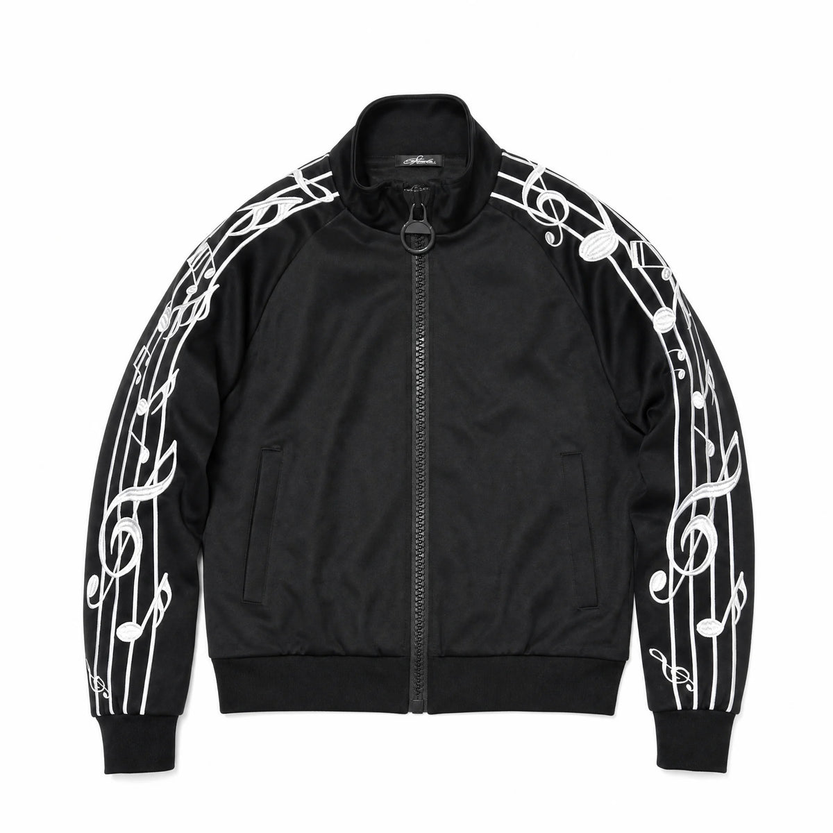 NumbAsia Music-Note Embroidered Zip Jacket - black jacket front on white