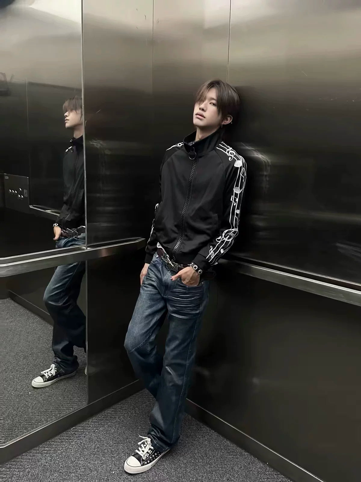 NumbAsia Music-Note Embroidered Zip Jacket - black jacket lift styling