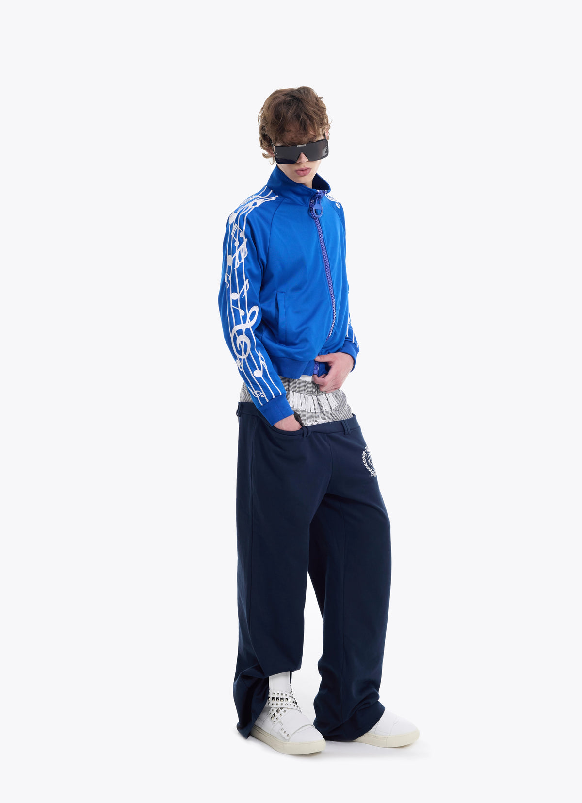 NumbAsia Music-Note Embroidered Zip Jacket - blue jacket modeled