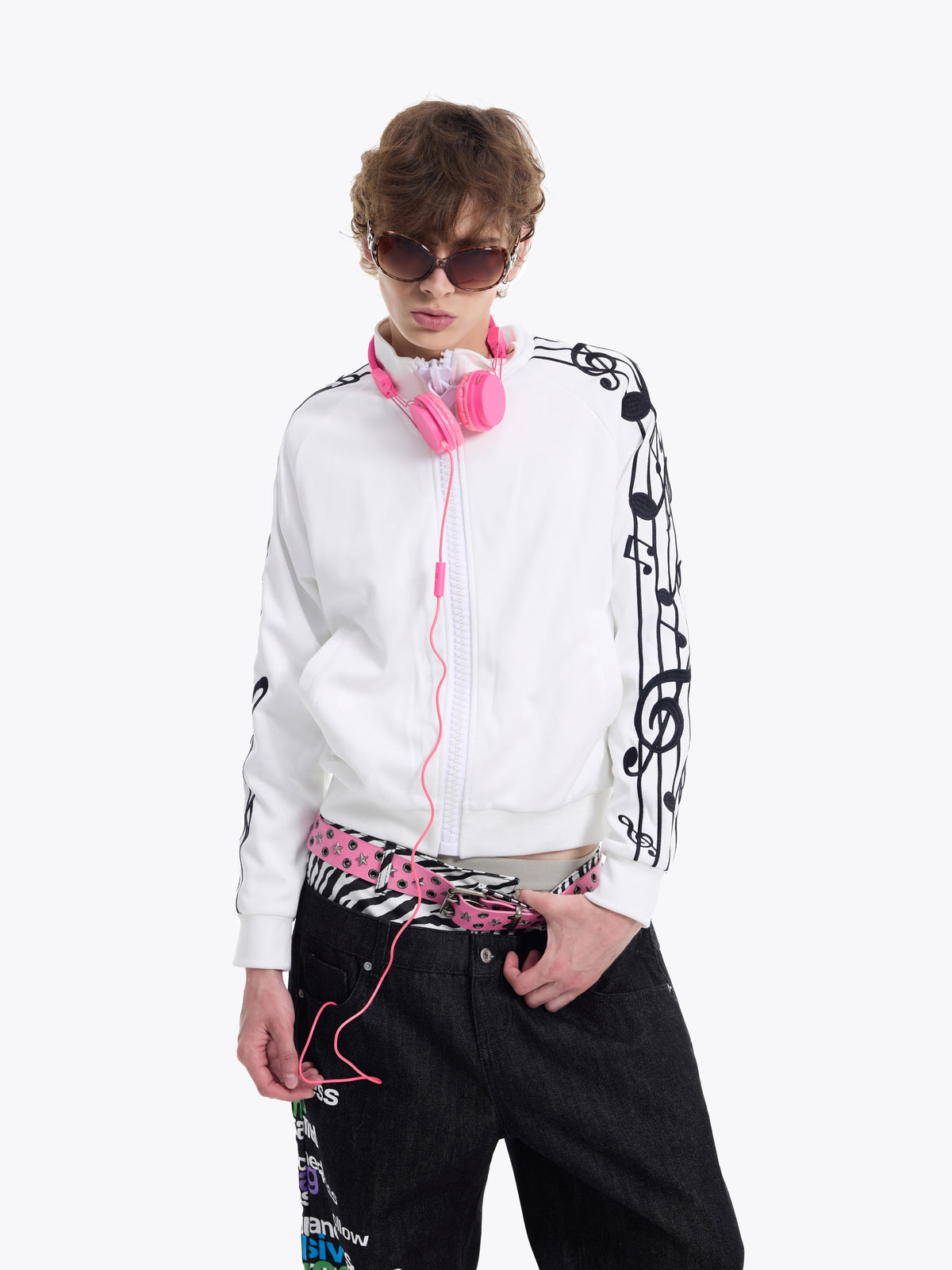 NumbAsia Music-Note Embroidered Zip Jacket - white jacket modeled