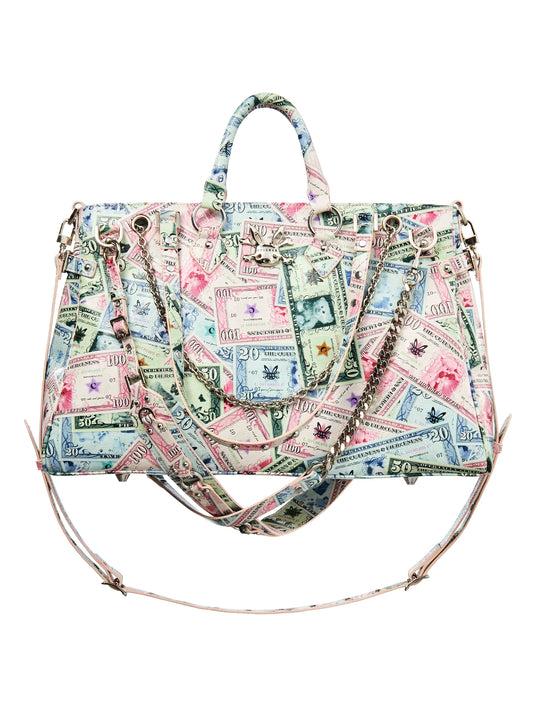 CFIERCE Money Print Multi-Strap Tote Bag - multicolor currency-print tote bag front on white background