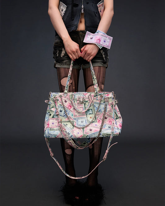 CFIERCE Money Print Multi-Strap Tote Bag - currency-print bag held by both handles close view