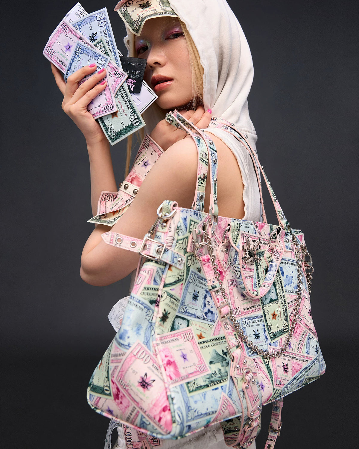 CFIERCE Money Print Multi-Strap Tote Bag - currency-print bag worn over shoulder close view