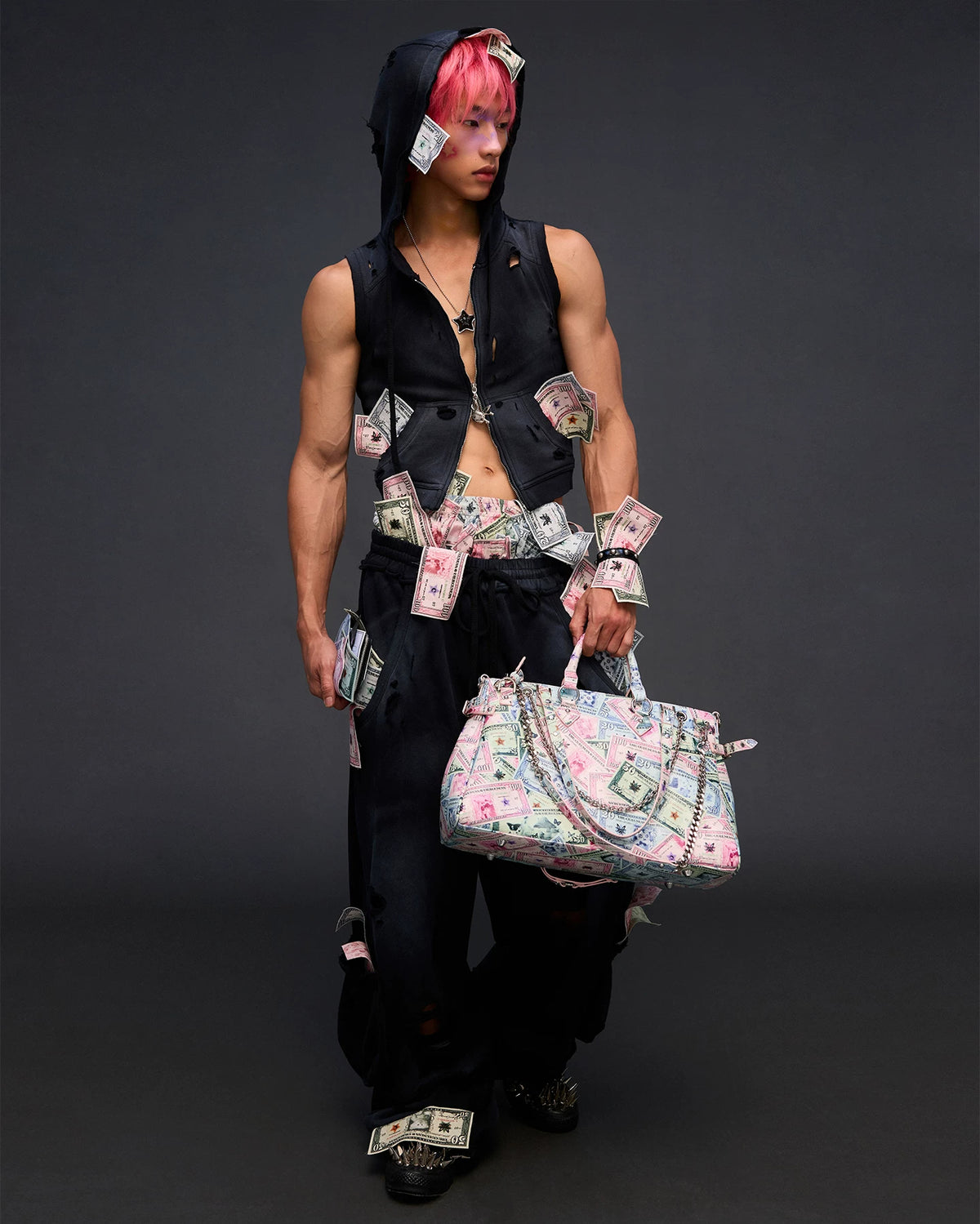CFIERCE Money Print Multi-Strap Tote Bag - currency-print bag carried by model in black