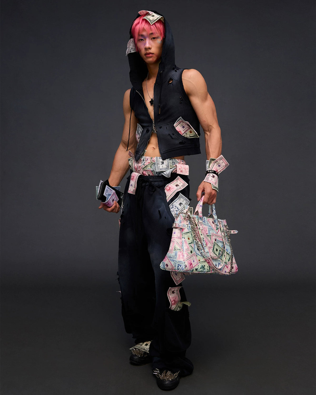 CFIERCE Money Print Multi-Strap Tote Bag - currency-print bag worn with dark layered outfit
