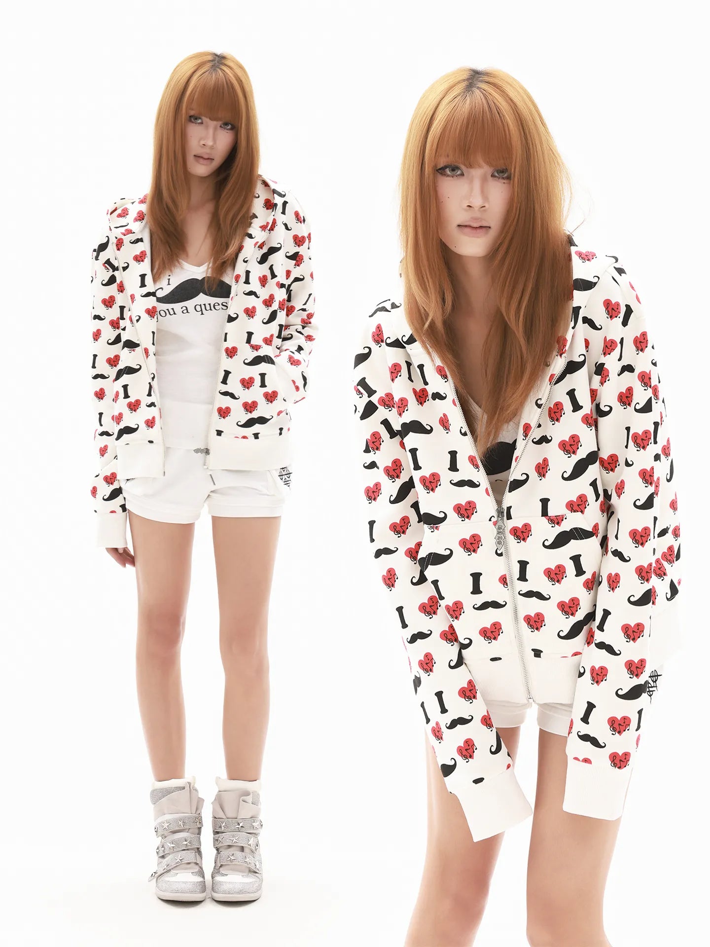 Heart & Mustache Print Cropped Zip-Up Hoodie
