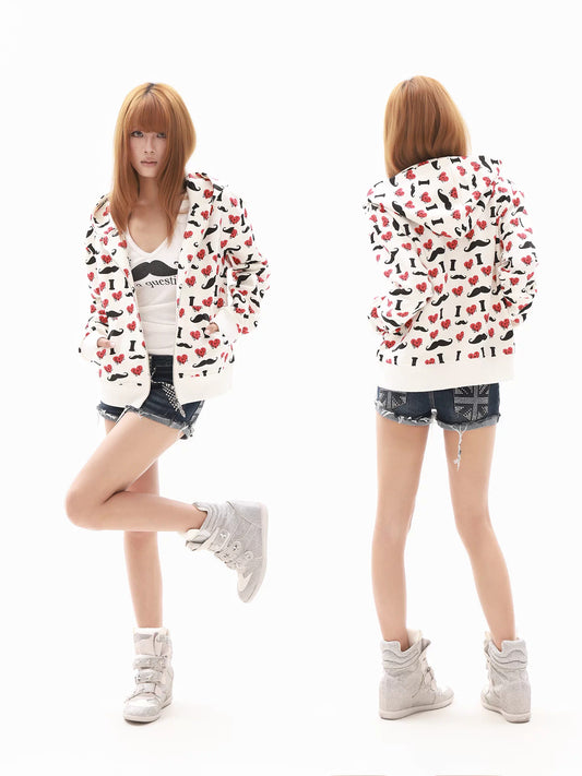 Heart & Mustache Print Cropped Zip-Up Hoodie - view 2