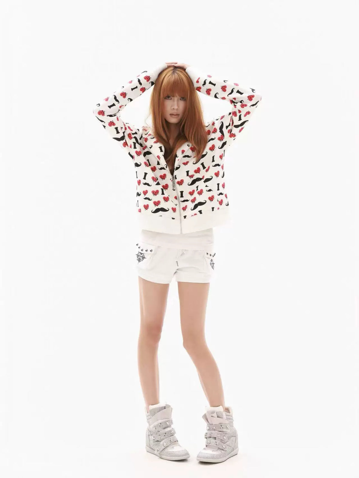 Heart & Mustache Print Cropped Zip-Up Hoodie - view 8