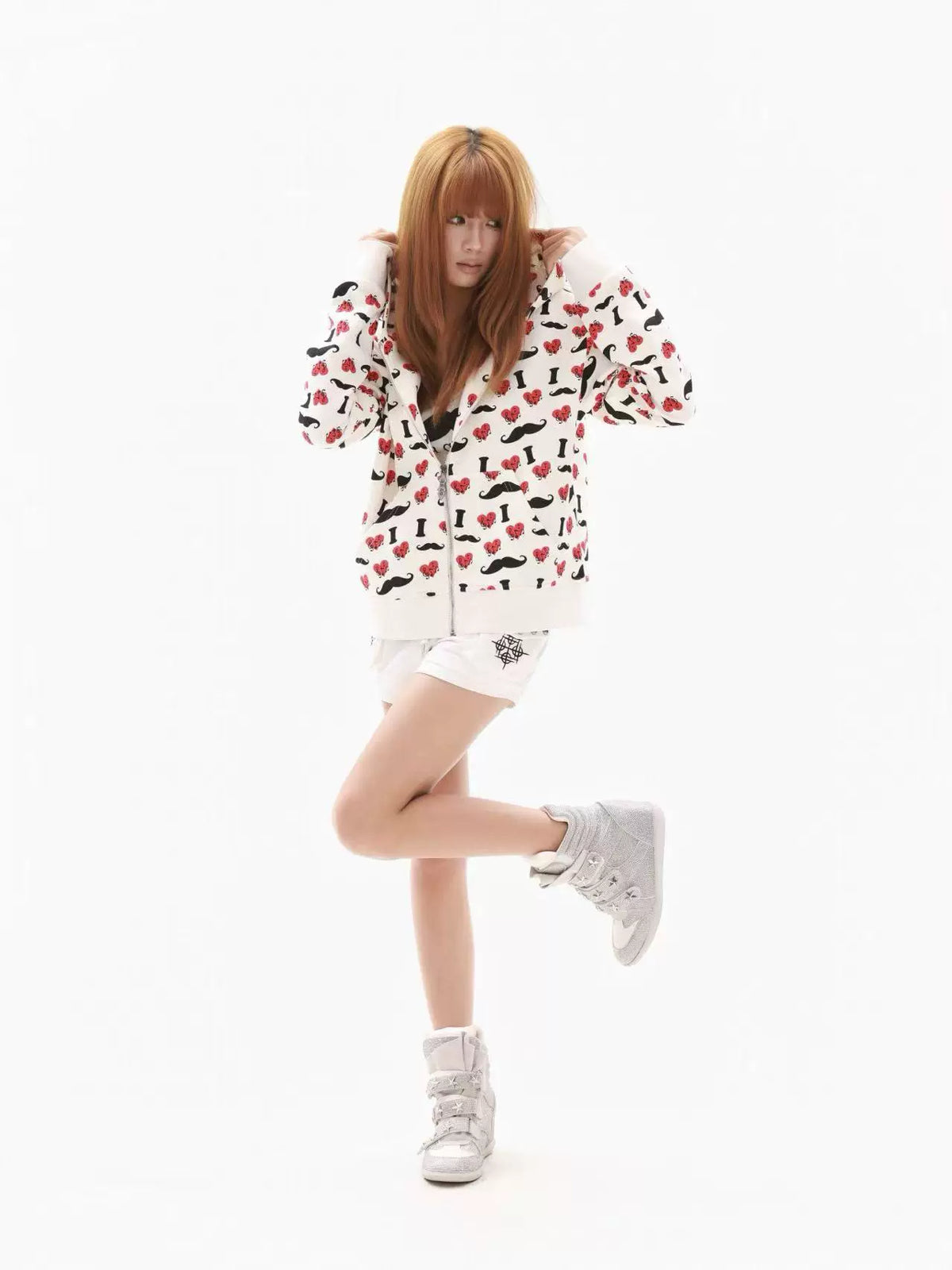 Heart & Mustache Print Cropped Zip-Up Hoodie - view 9