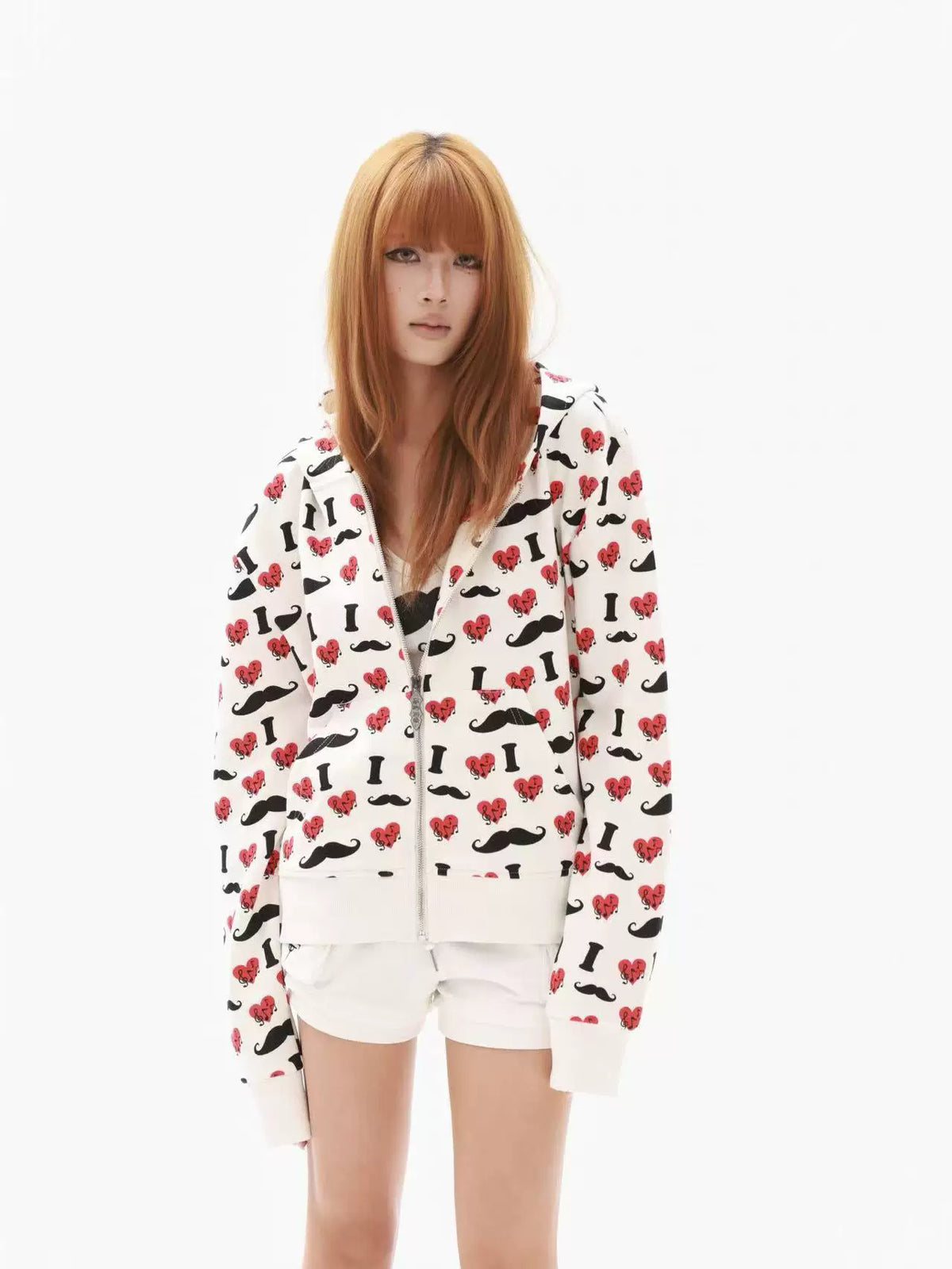 Heart & Mustache Print Cropped Zip-Up Hoodie - view 13