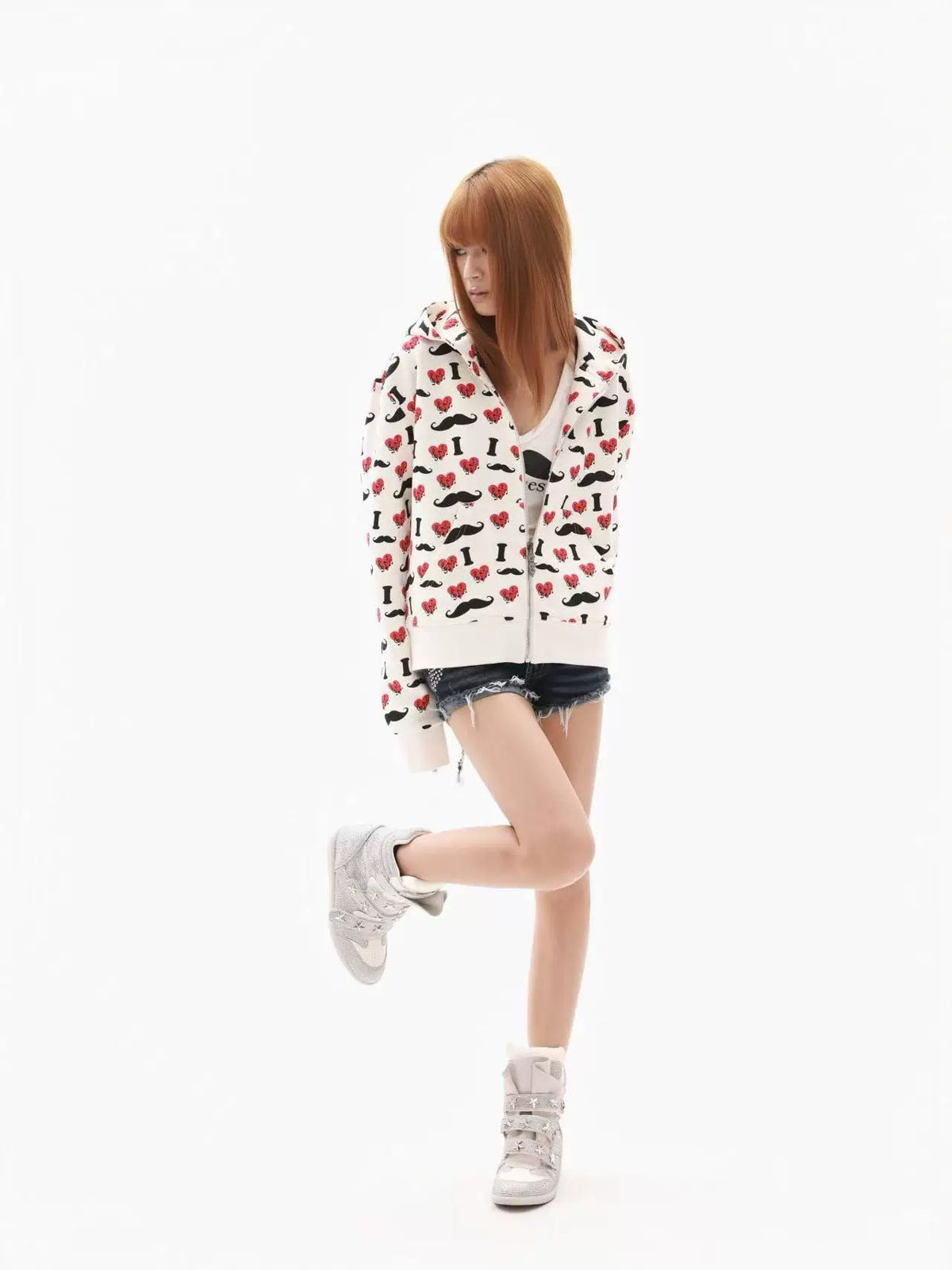 Heart & Mustache Print Cropped Zip-Up Hoodie - view 16