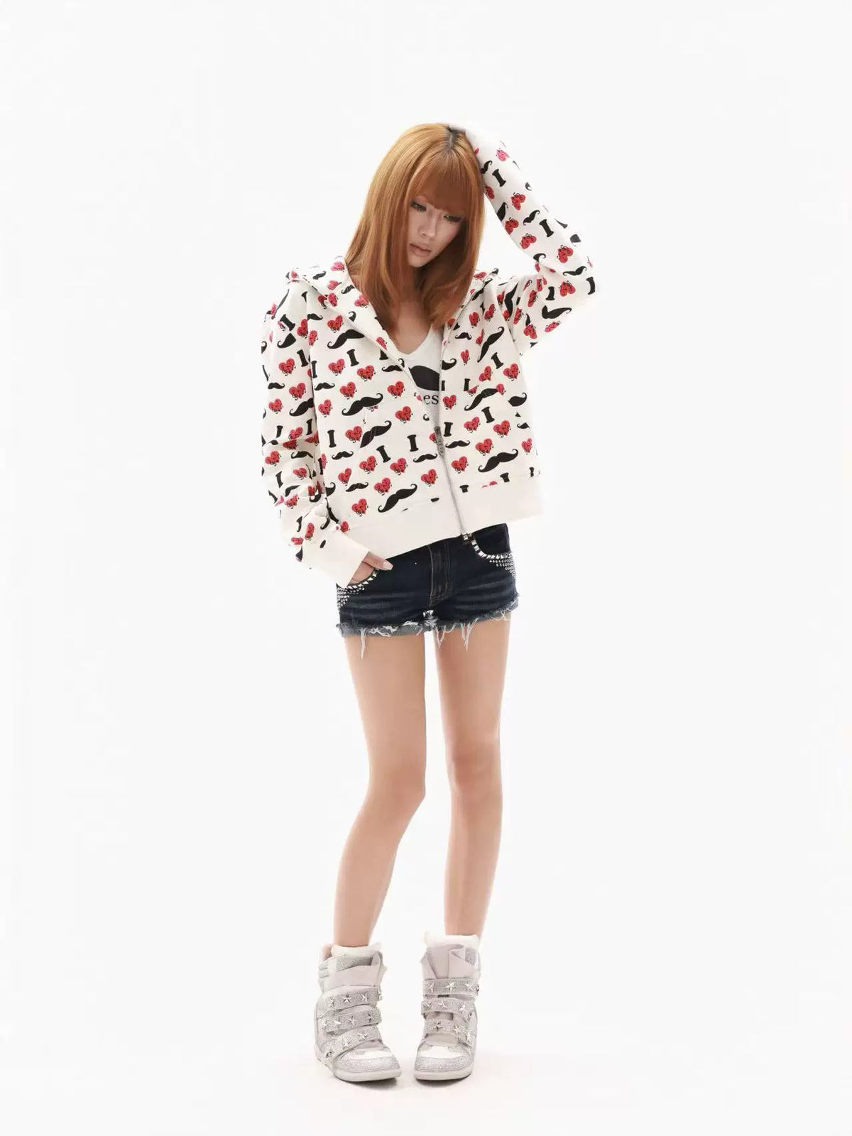Heart & Mustache Print Cropped Zip-Up Hoodie - view 17