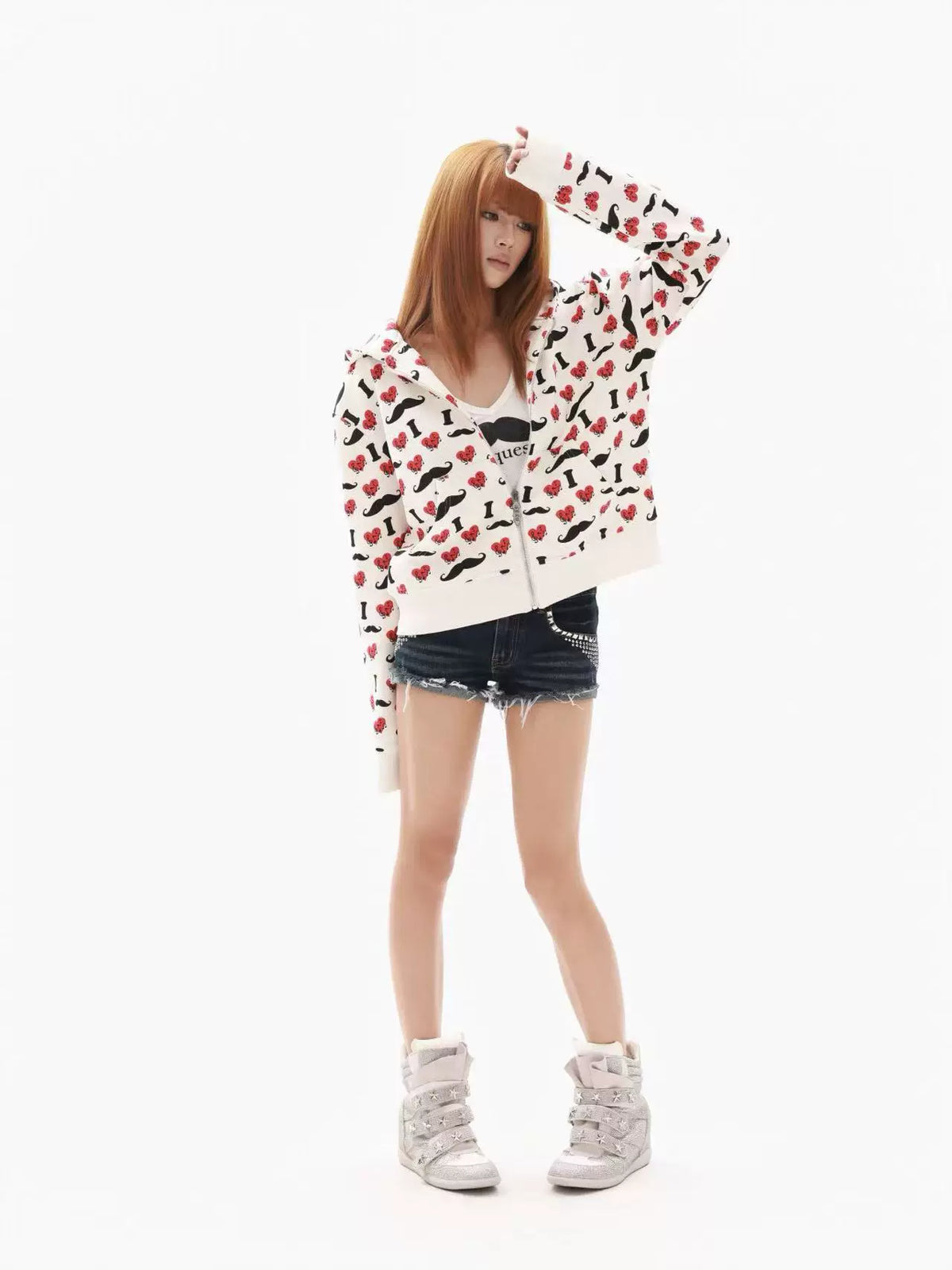 Heart & Mustache Print Cropped Zip-Up Hoodie - view 18