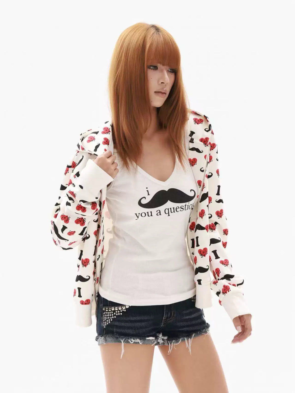 Heart & Mustache Print Cropped Zip-Up Hoodie - view 23