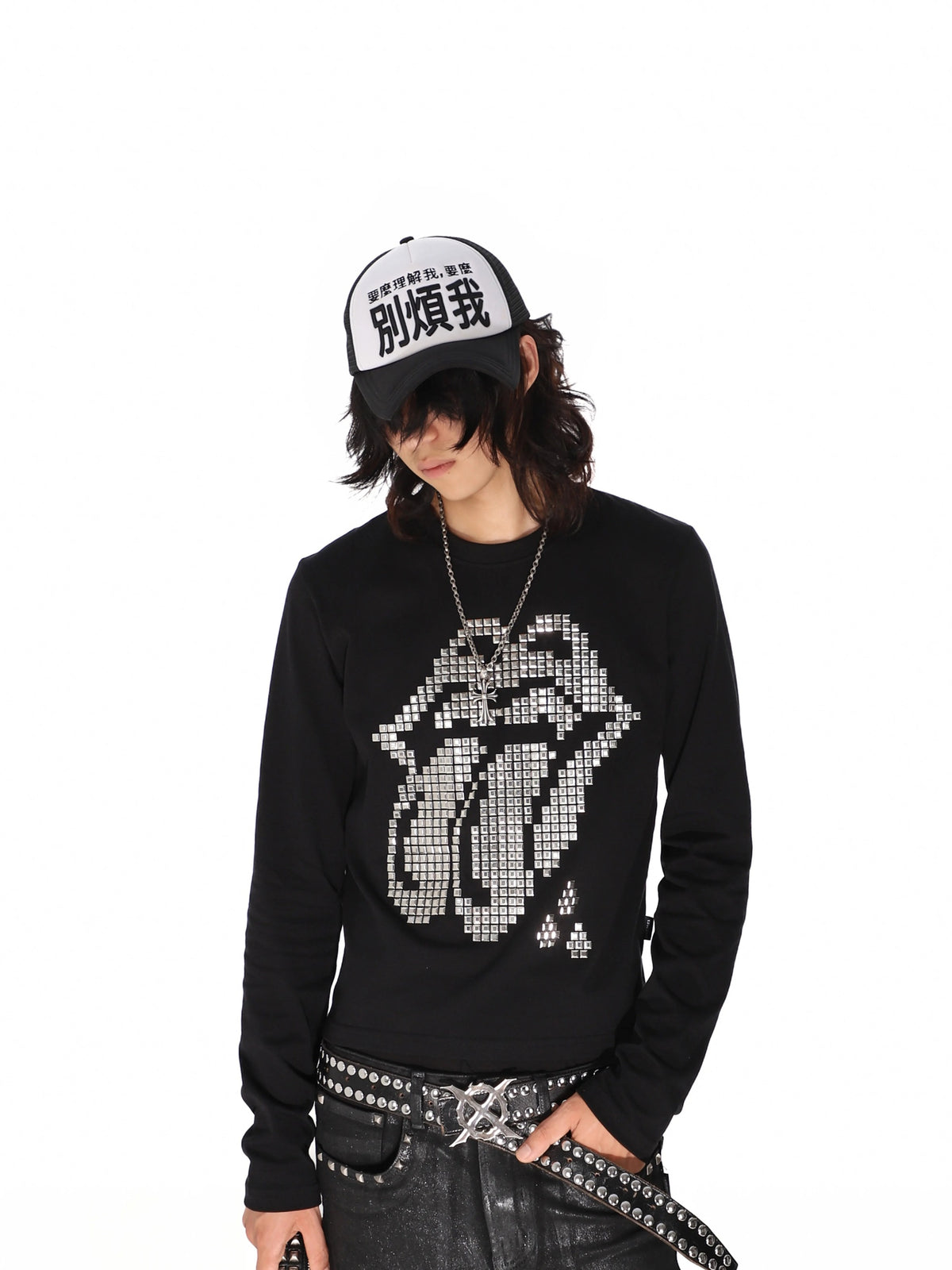 Studded Tongue Graphic Long Sleeve Tee - Black front