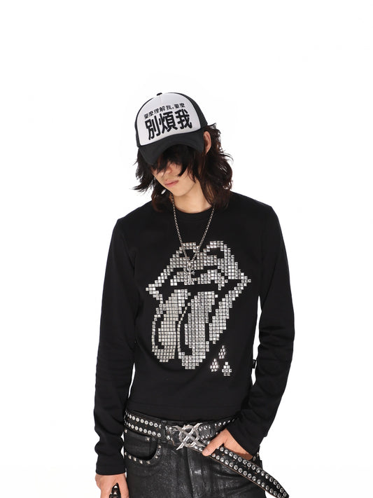 Studded Tongue Graphic Long Sleeve Tee - Black front
