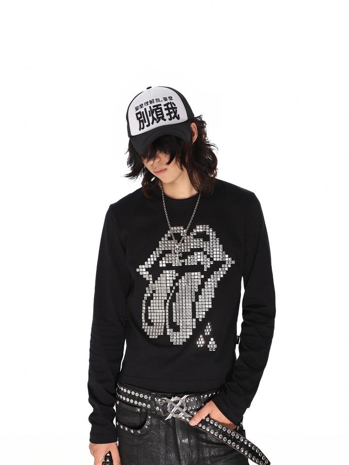 Studded Tongue Graphic Long Sleeve Tee - Black front