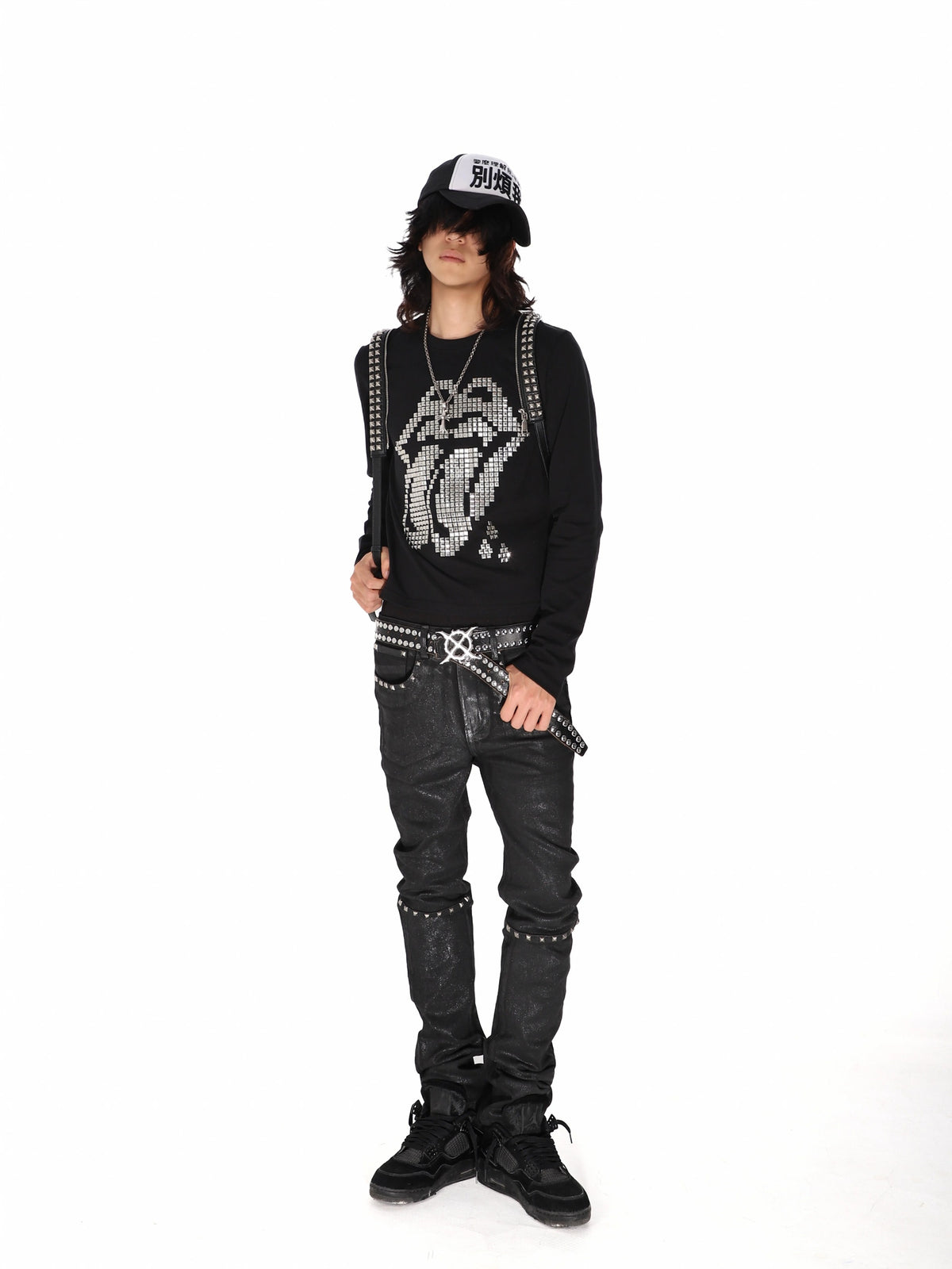 Studded Tongue Graphic Long Sleeve Tee - Black full body