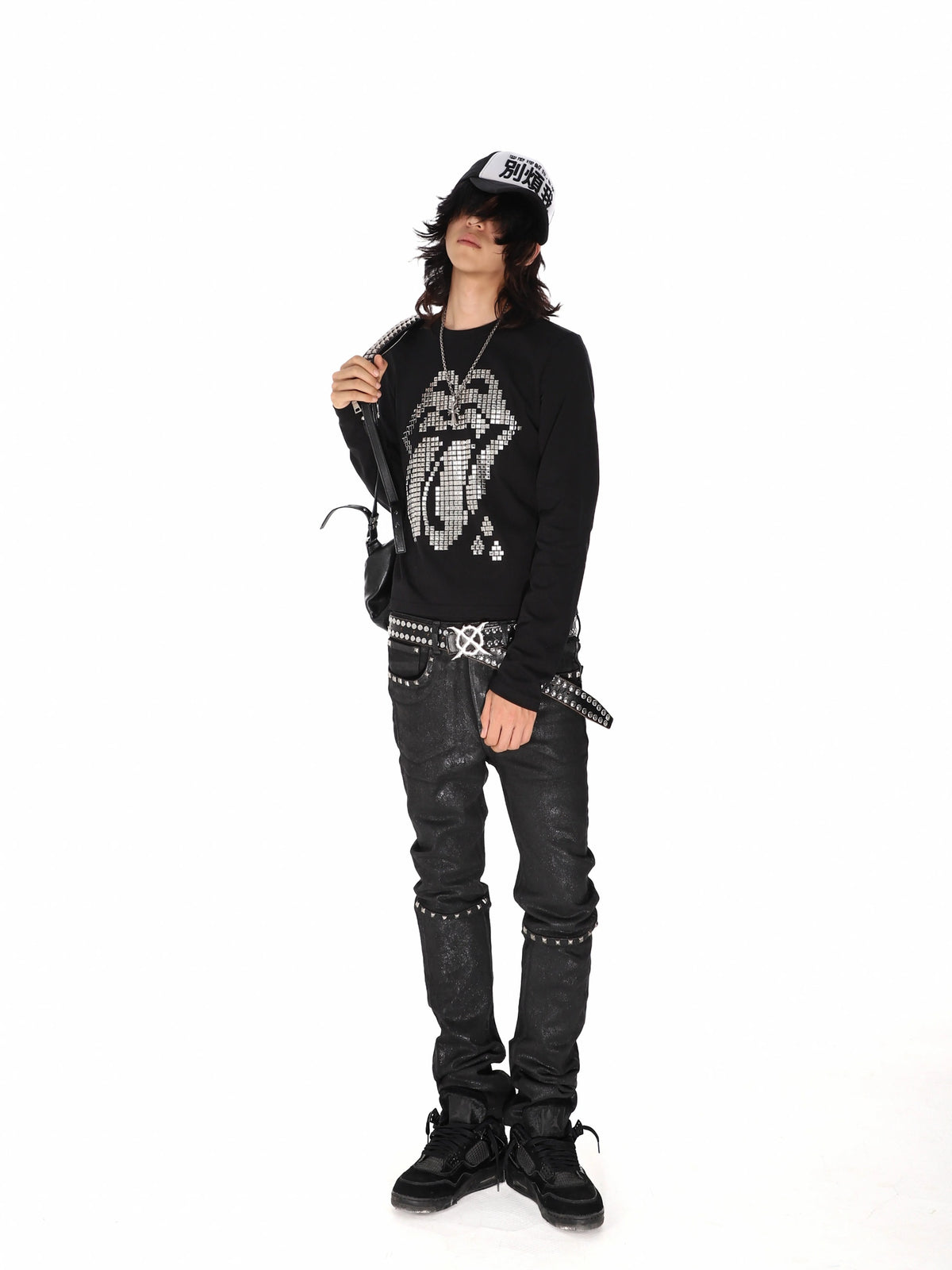 Studded Tongue Graphic Long Sleeve Tee - Black full body side