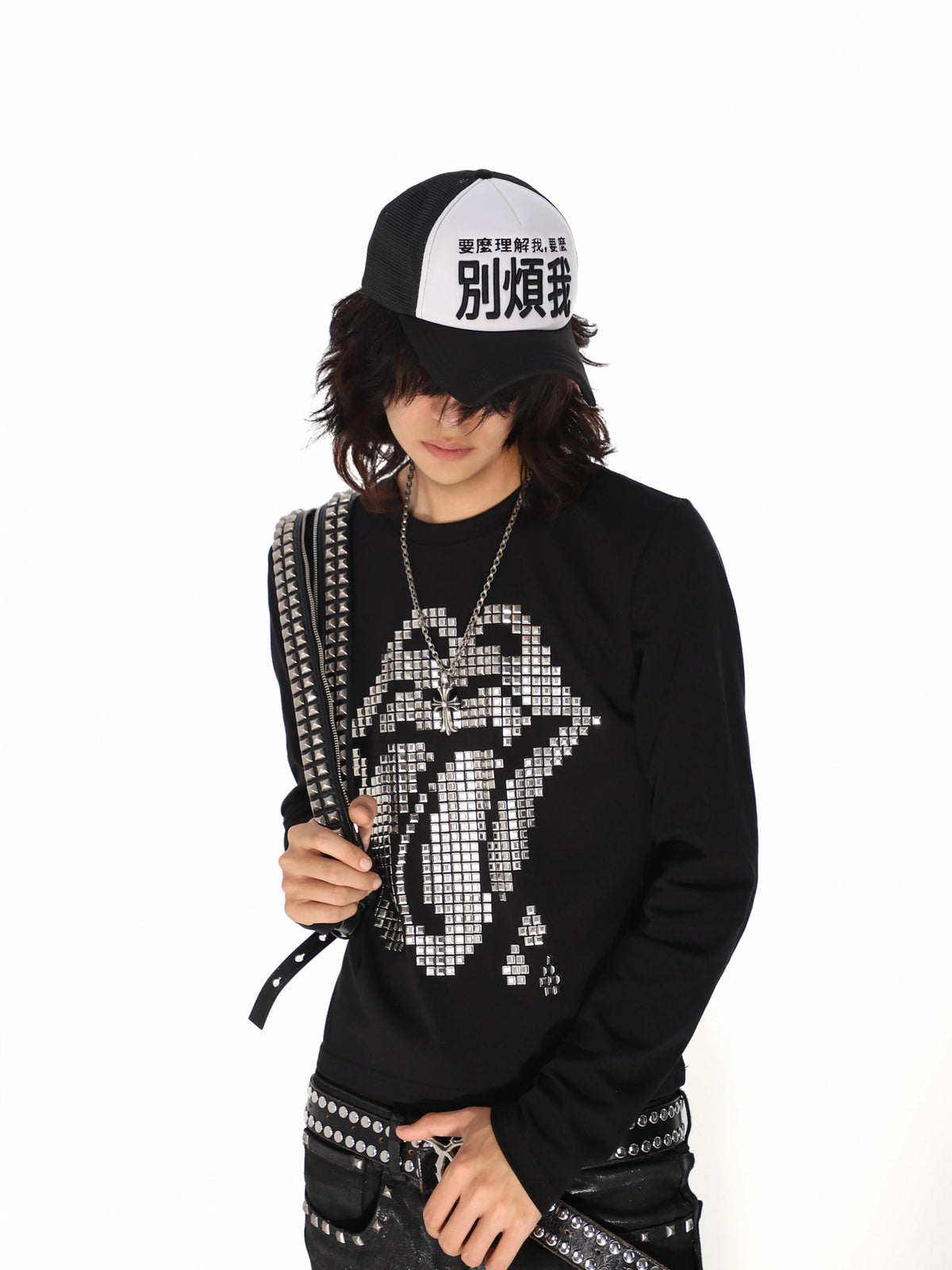 Studded Tongue Graphic Long Sleeve Tee - Black close-up