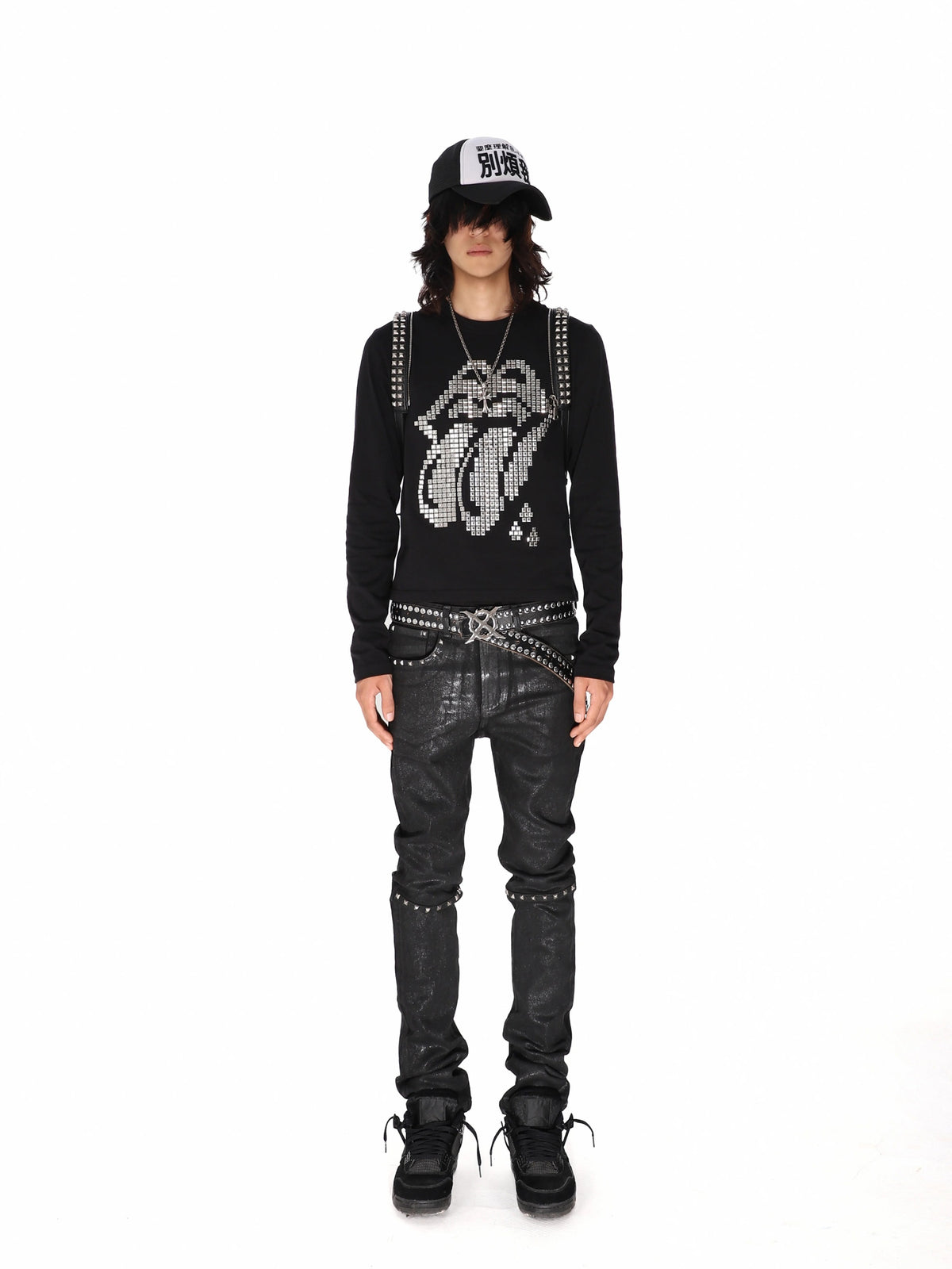 Studded Tongue Graphic Long Sleeve Tee - Black full body front