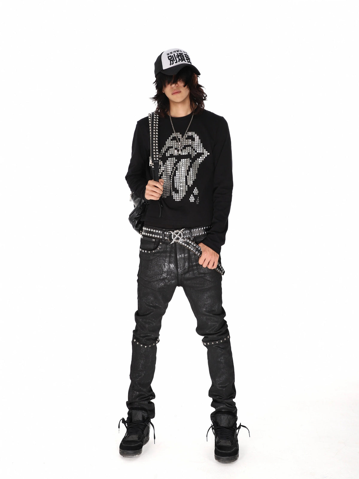 Studded Tongue Graphic Long Sleeve Tee - Black full body with bag