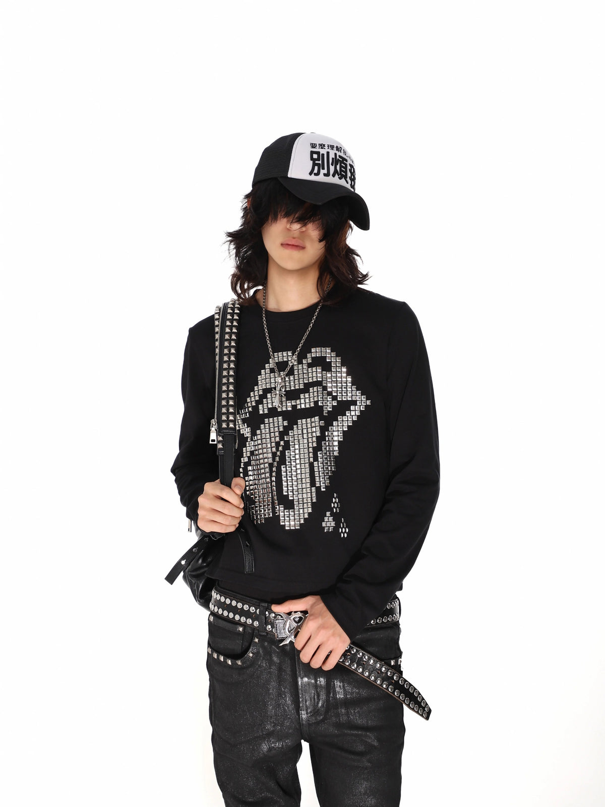 Studded Tongue Graphic Long Sleeve Tee - Black studded graphic detail