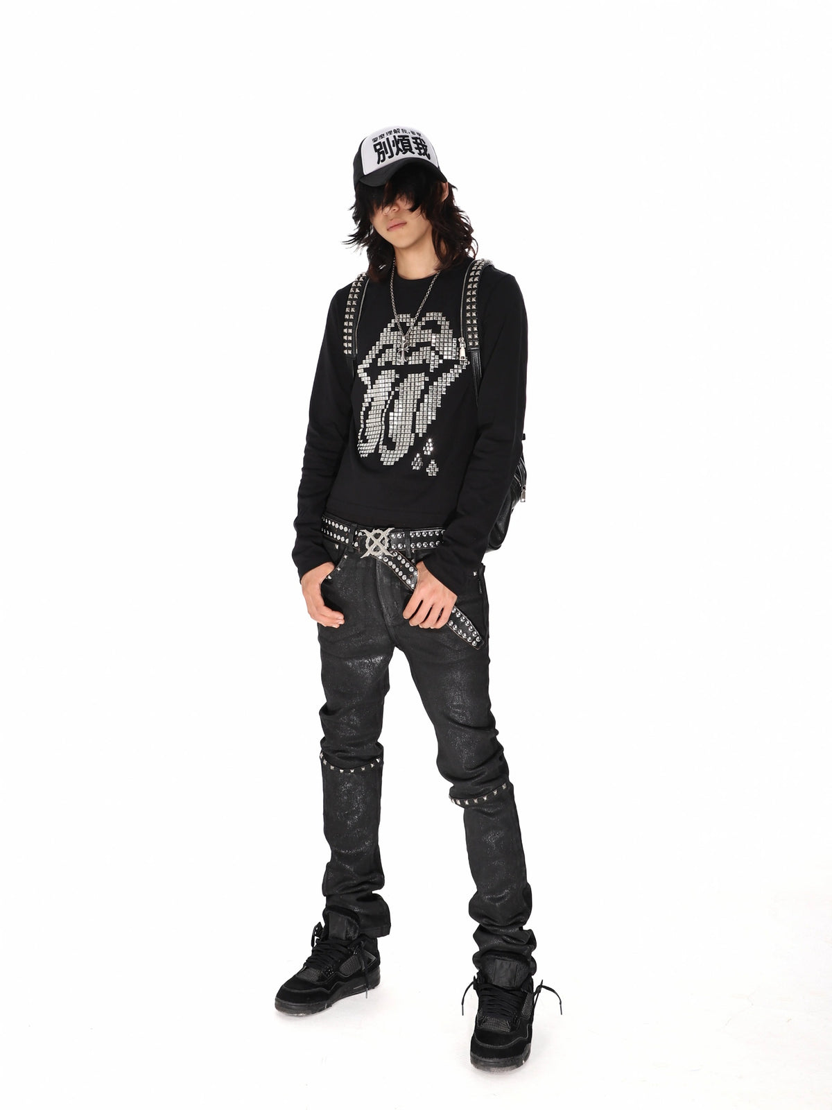 Studded Tongue Graphic Long Sleeve Tee - Black full body pose