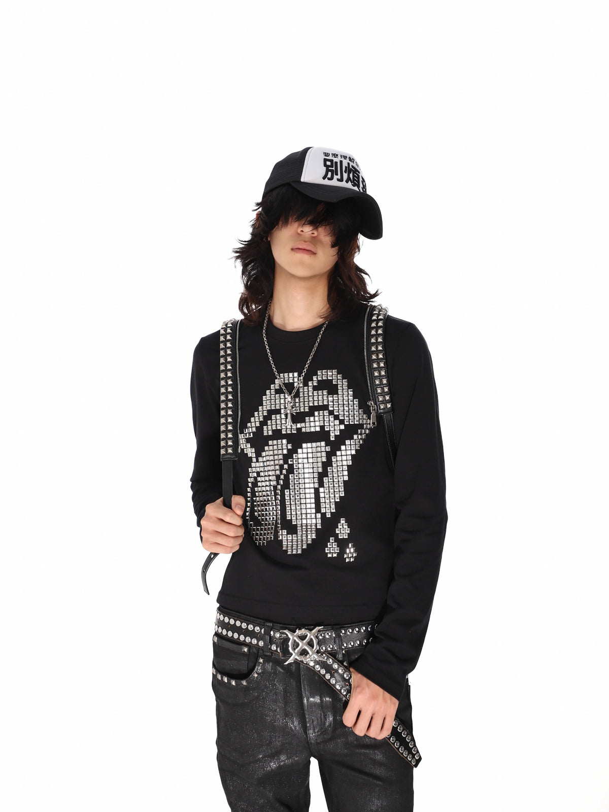 Studded Tongue Graphic Long Sleeve Tee - Black half body