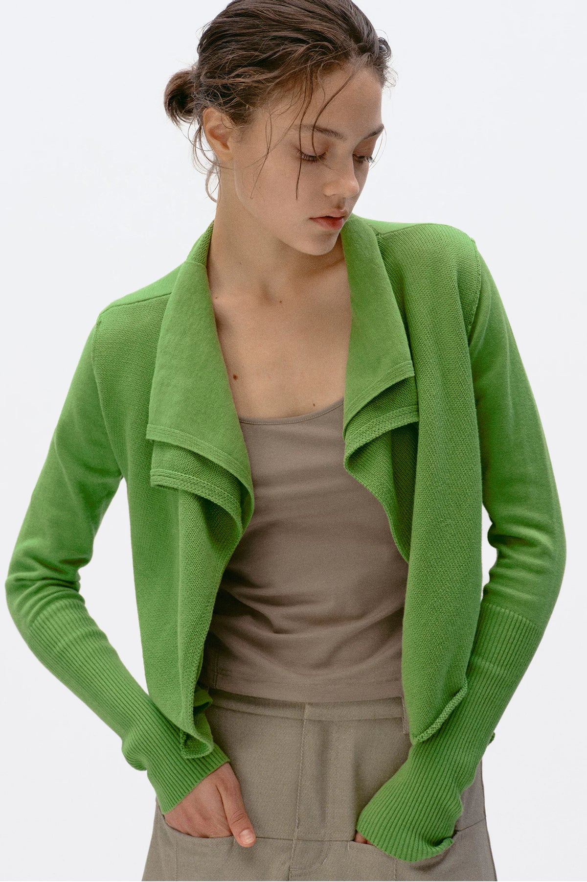 Origami Double-Layer Drape Knit Cardigan - Grass Green front