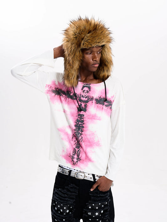 Fourth3ex Pink Cross Print Layered Long Sleeve Tee - model front close-up