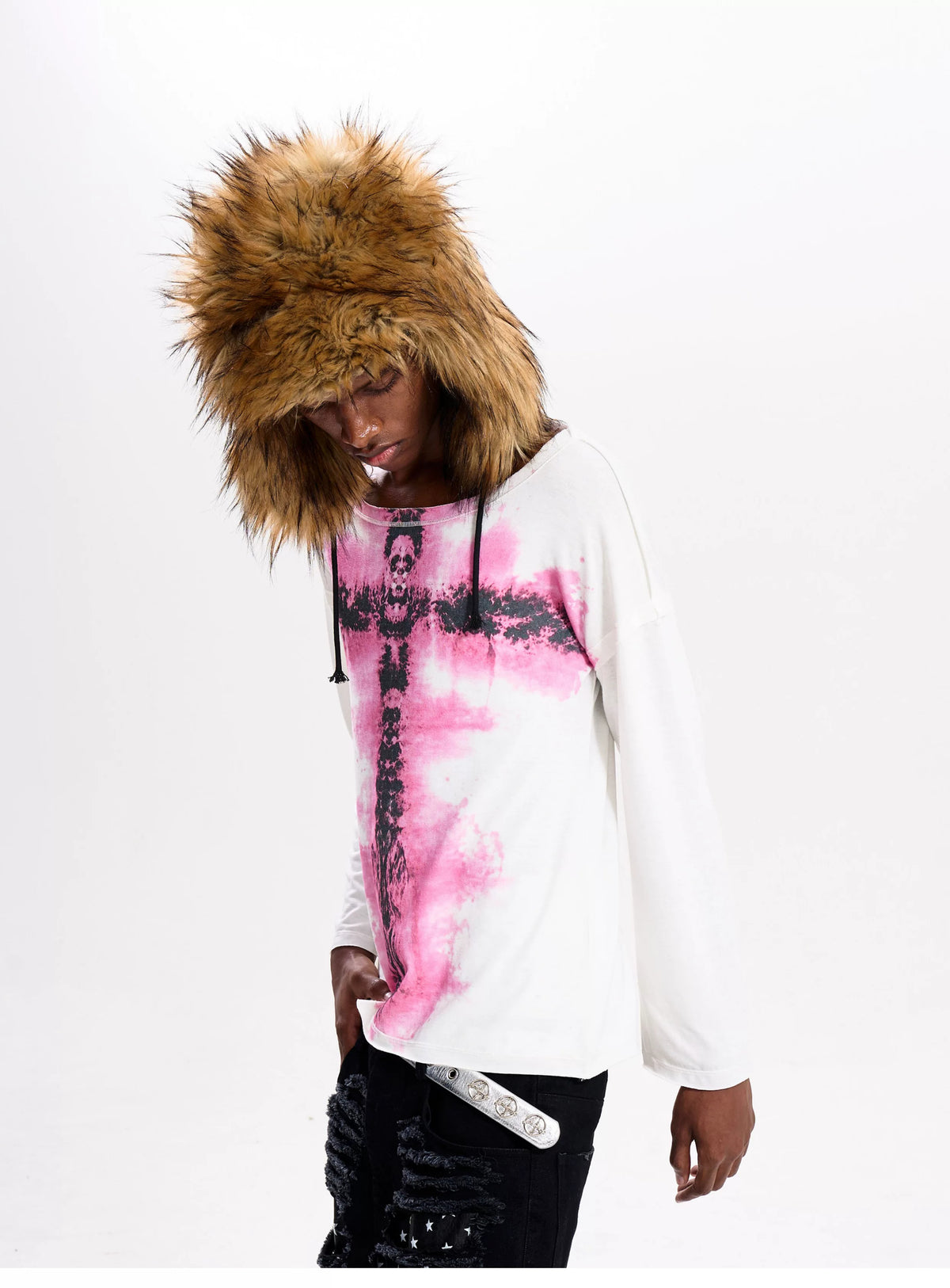 Fourth3ex Pink Cross Print Layered Long Sleeve Tee - model side view