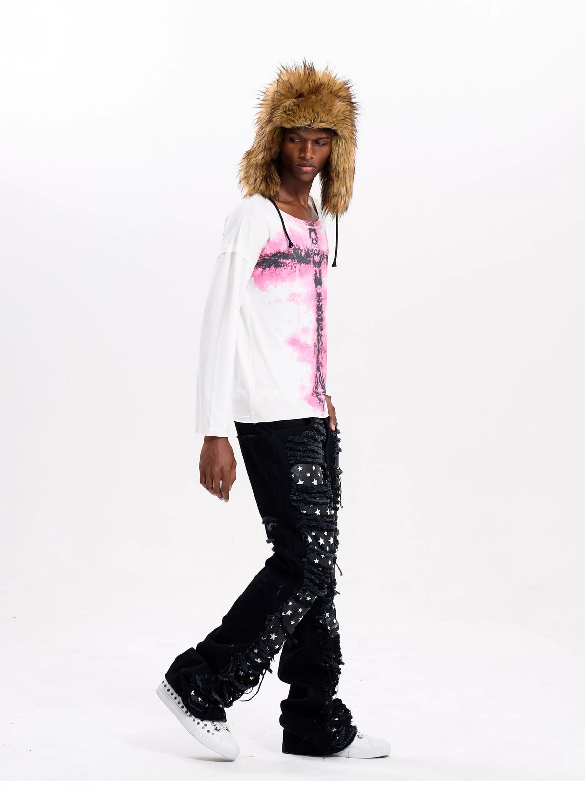 Fourth3ex Pink Cross Print Layered Long Sleeve Tee - full body side walking