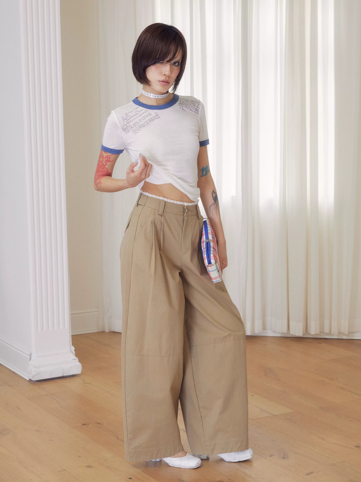 BeatleLady Script Print Ringer T-Shirt - White and blue script print and styling