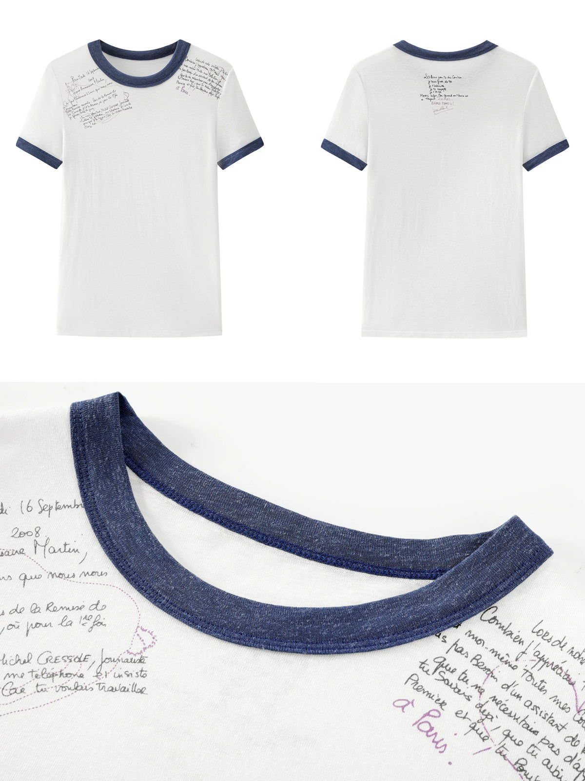 BeatleLady Script Print Ringer T-Shirt - White and blue front and back flat lay