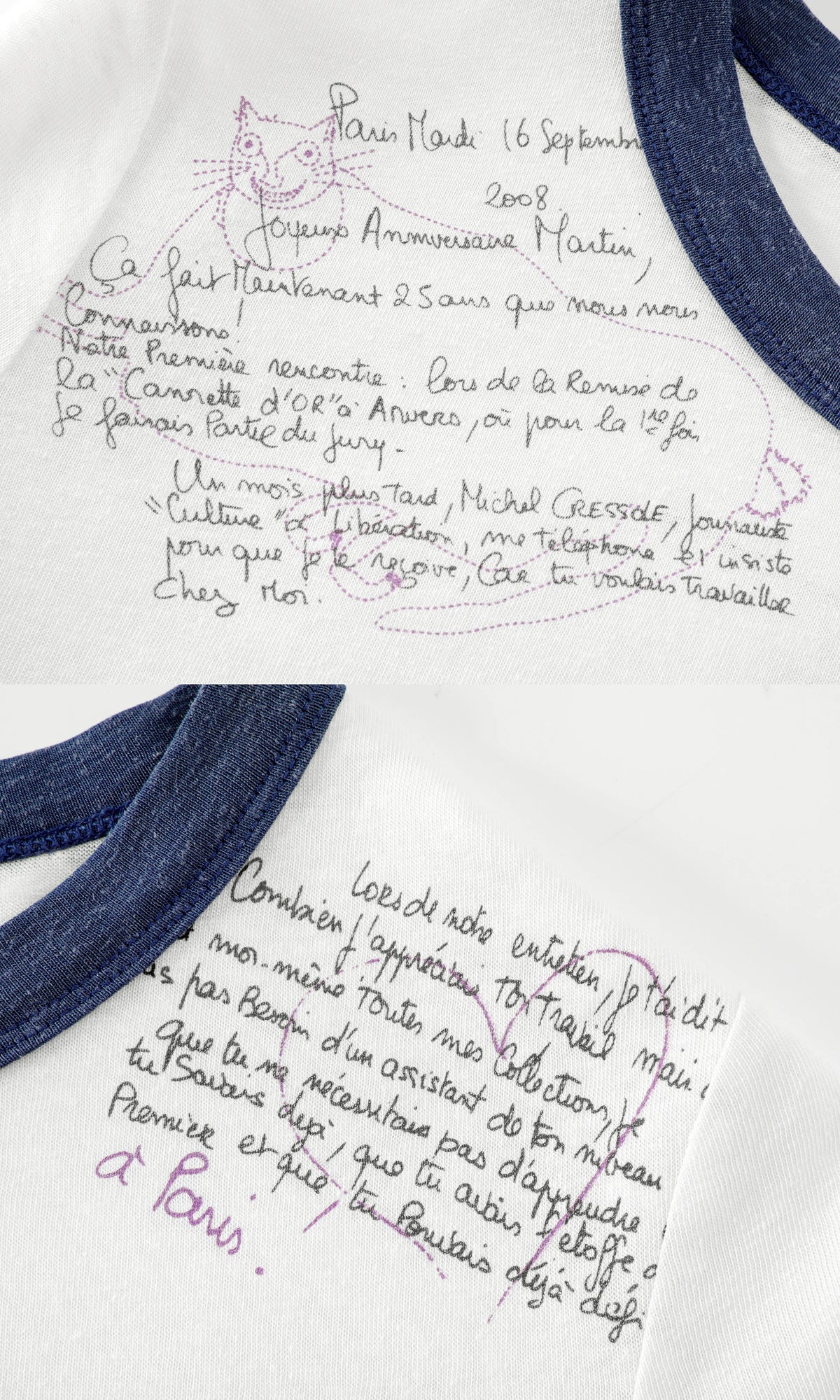 BeatleLady Script Print Ringer T-Shirt - White and blue script print and styling