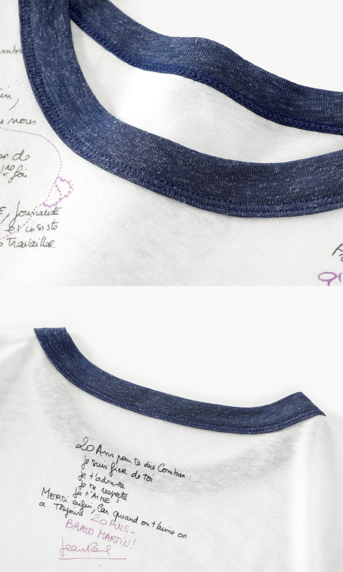 BeatleLady Script Print Ringer T-Shirt - White and blue script print and styling