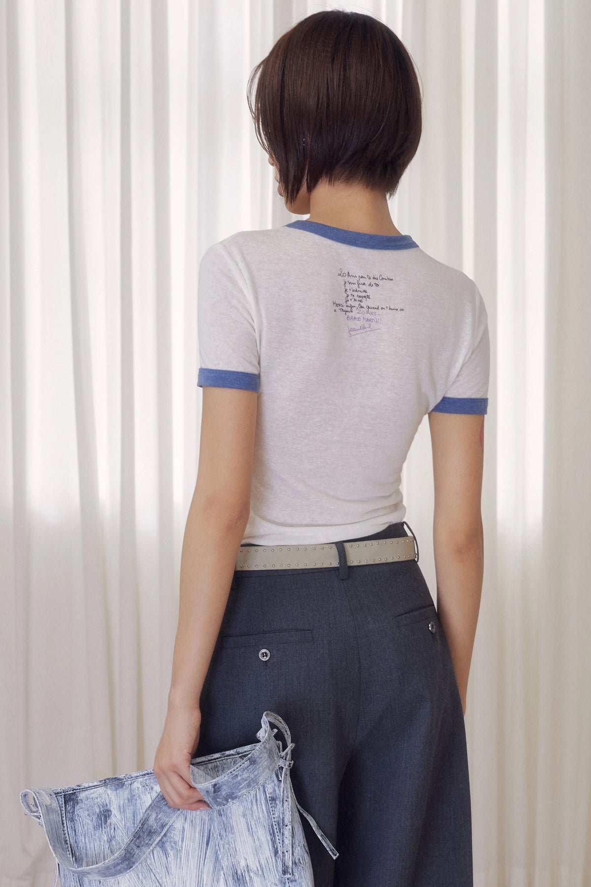 BeatleLady Script Print Ringer T-Shirt - White and blue script print and styling