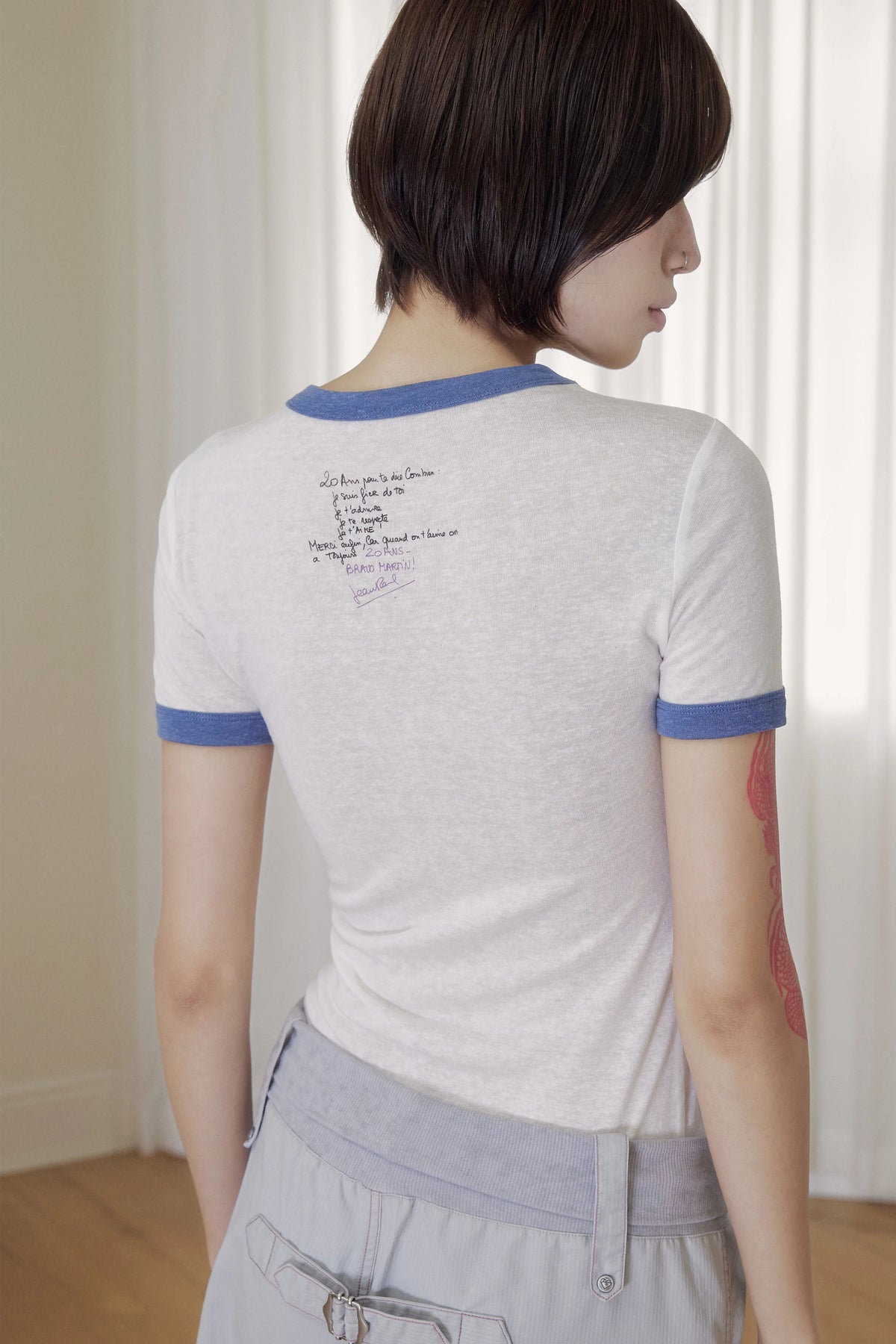 BeatleLady Script Print Ringer T-Shirt - White and blue script print and styling
