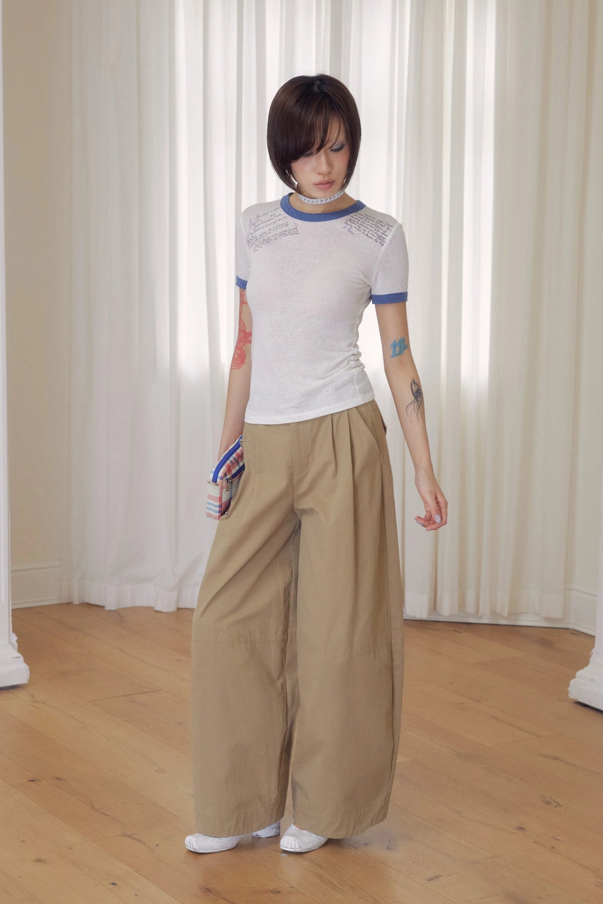 BeatleLady Script Print Ringer T-Shirt - White and blue script print and styling