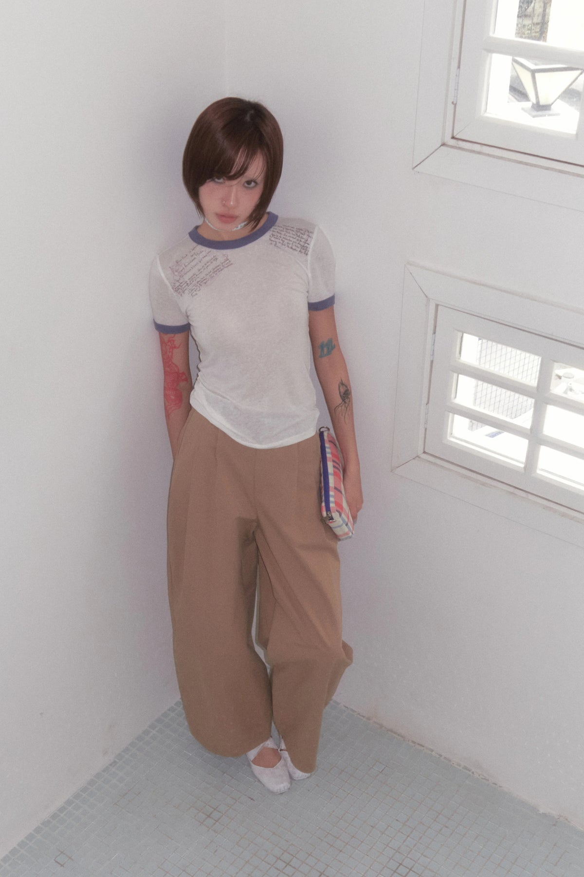 BeatleLady Script Print Ringer T-Shirt - White and blue script print and styling