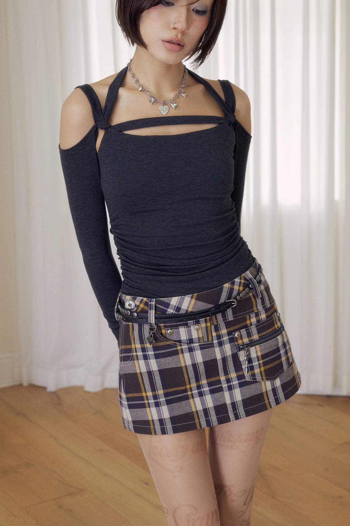 BeatleLady Asymmetric Plaid Mini Skirt - Brown plaid view 12