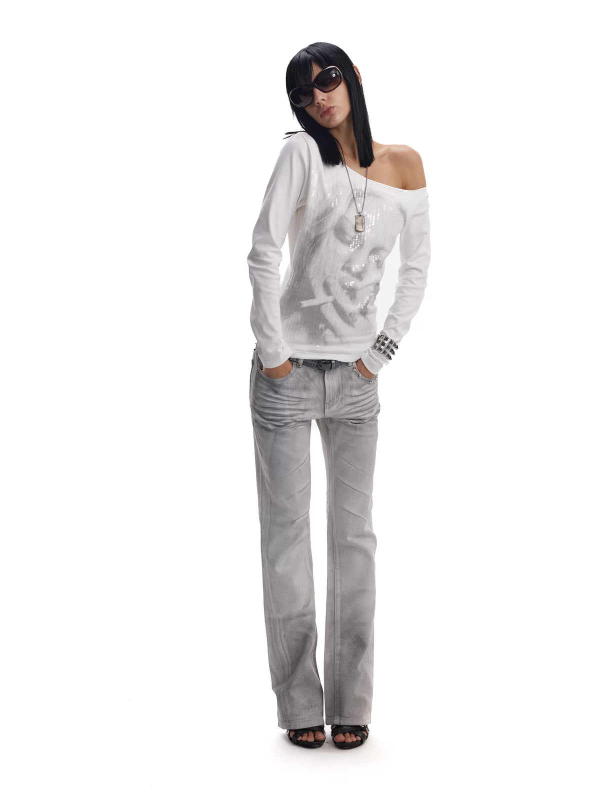 noE Sequin Portrait Off-Shoulder Long Sleeve Top - White full-length front