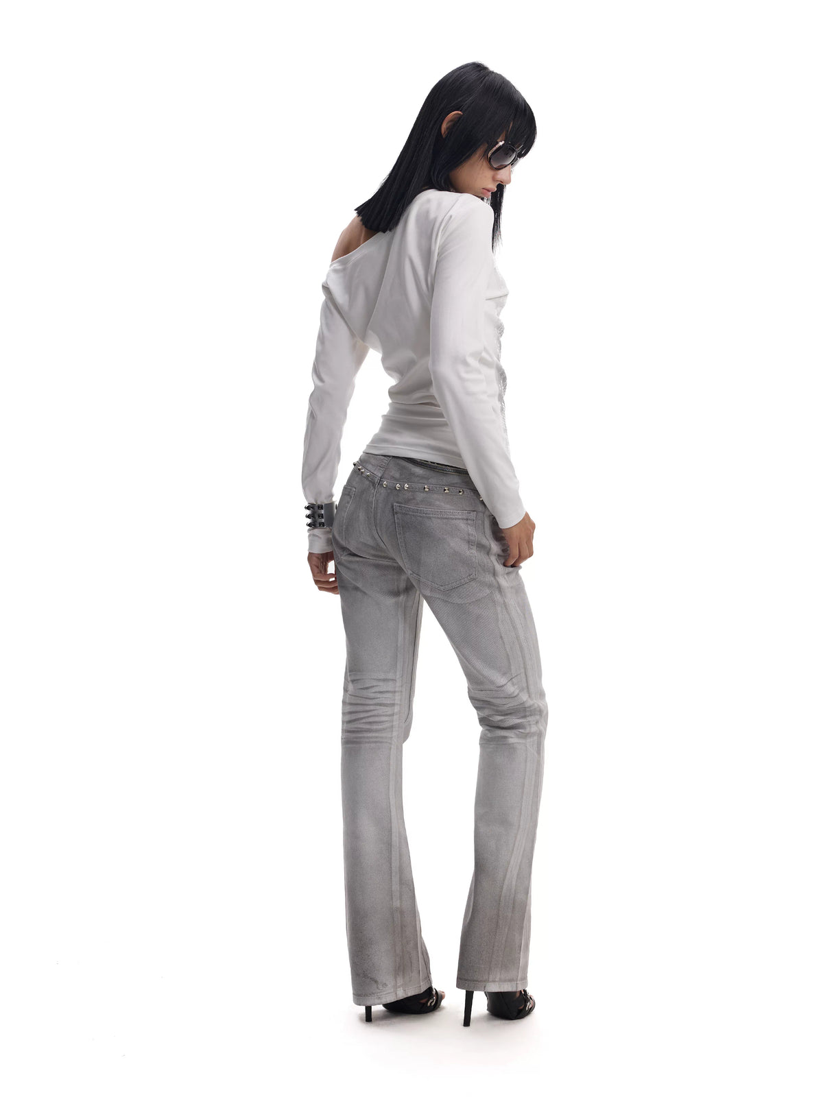 noE Sequin Portrait Off-Shoulder Long Sleeve Top - White back view